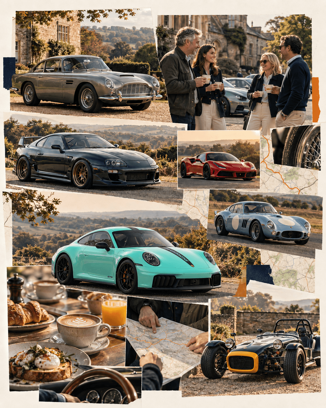Collage of enthusiast cars and a countryside gathering